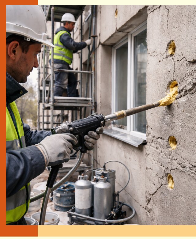 Заполнение пустот в фасаде и утепление стен в Уссурийске